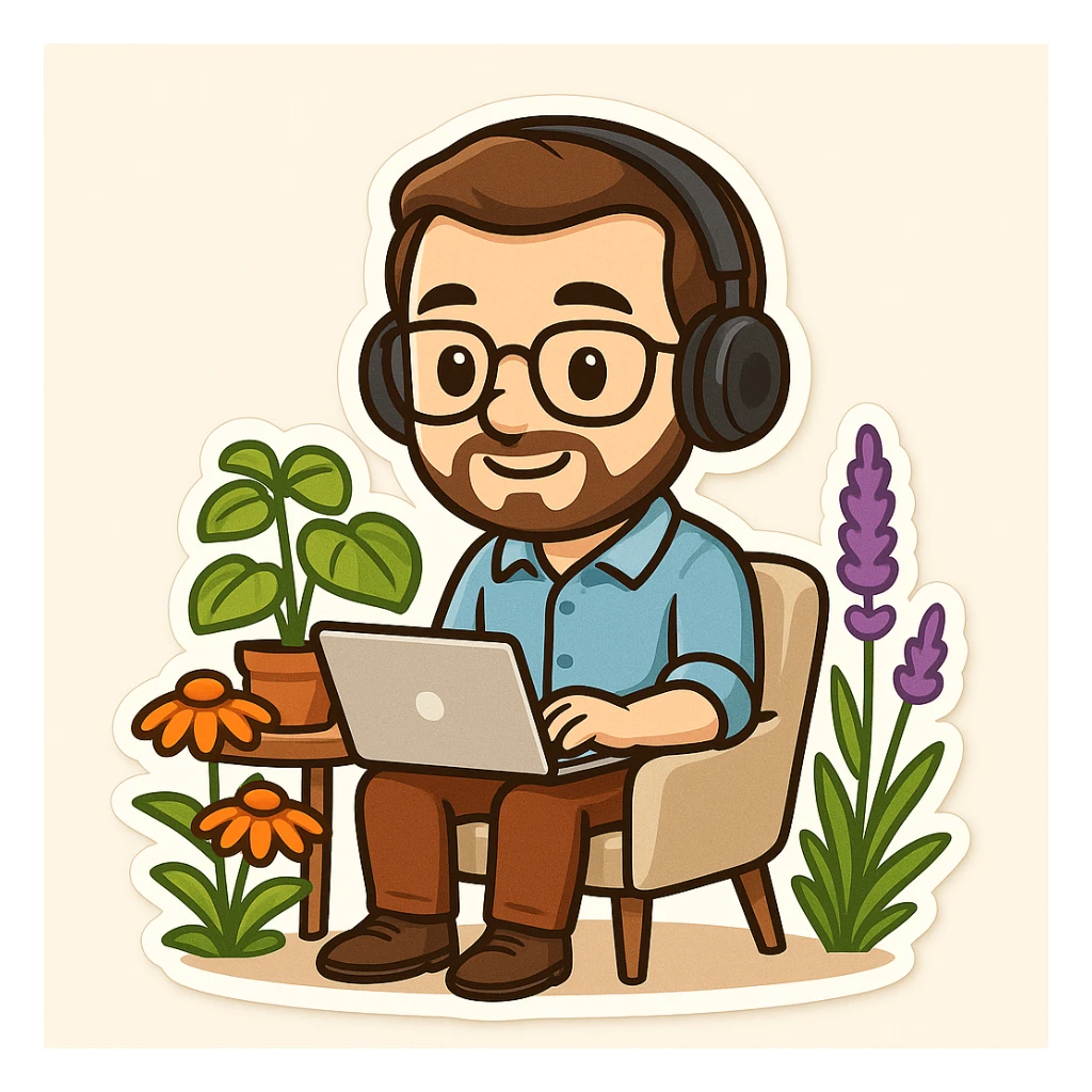 Create an emoji of a person working from home office in the garden, using a laptop and wearing headphones. The emoji should be simplified with clear contours and friendly colors, without any background. Style it as a chibi sticker emoji with a clean and approachable look. sticker