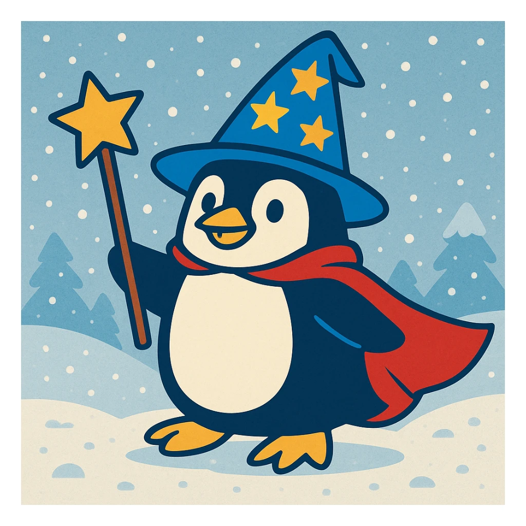Add a snowy background behind the penguin wizard, keeping the fun and whimsical style intact. sticker