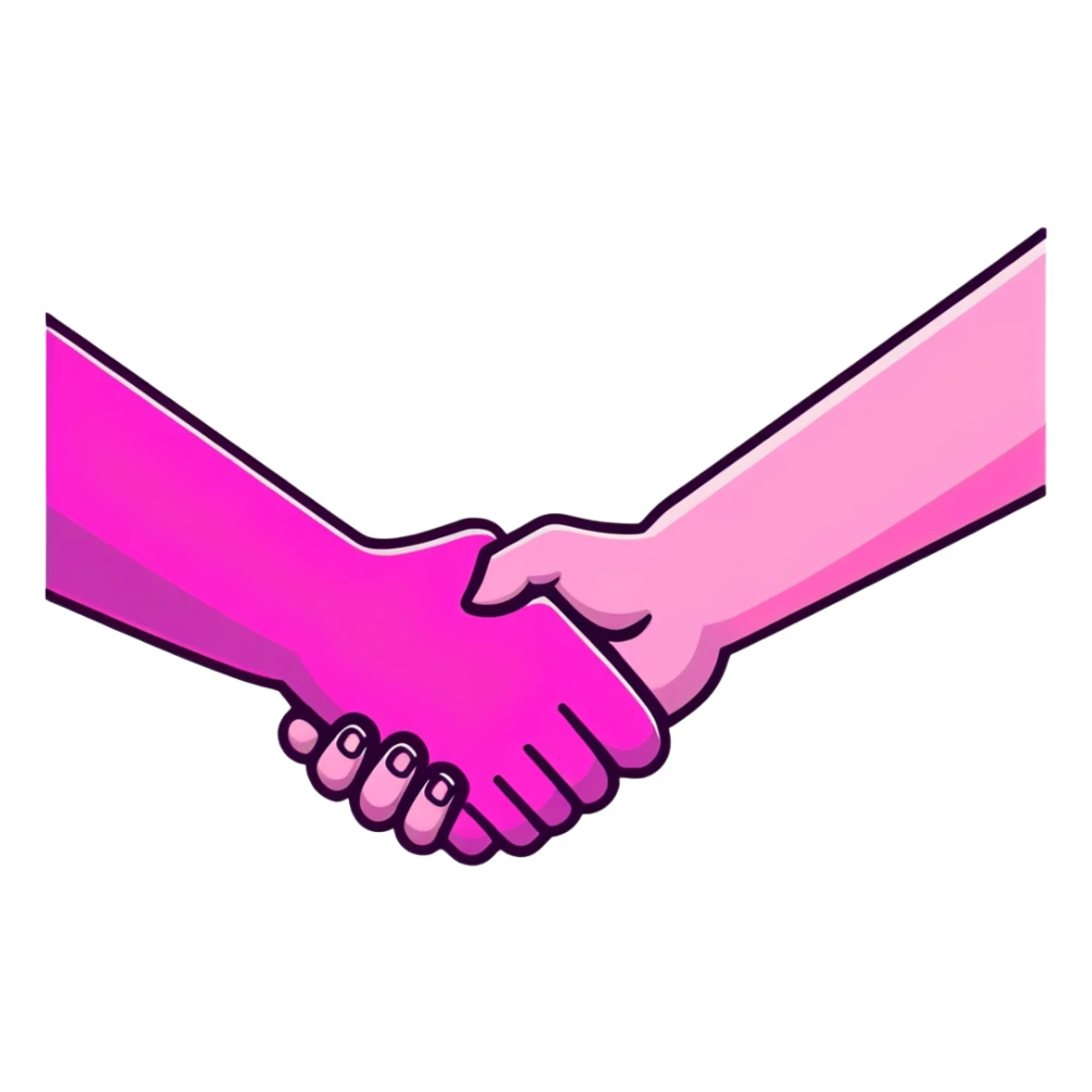 handshake, transparent glass with bright pink gradient from #FF335F to #FF99AA, soft glow and shadows, minimalistic sticker