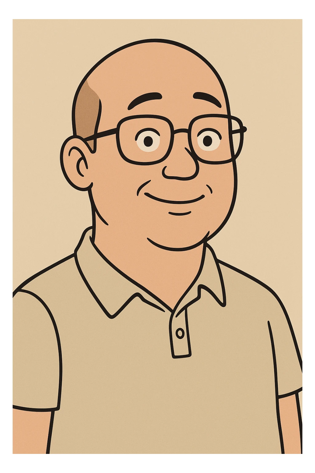 cartoon style, bald Asian man with glasses, friendly face, simple background sticker