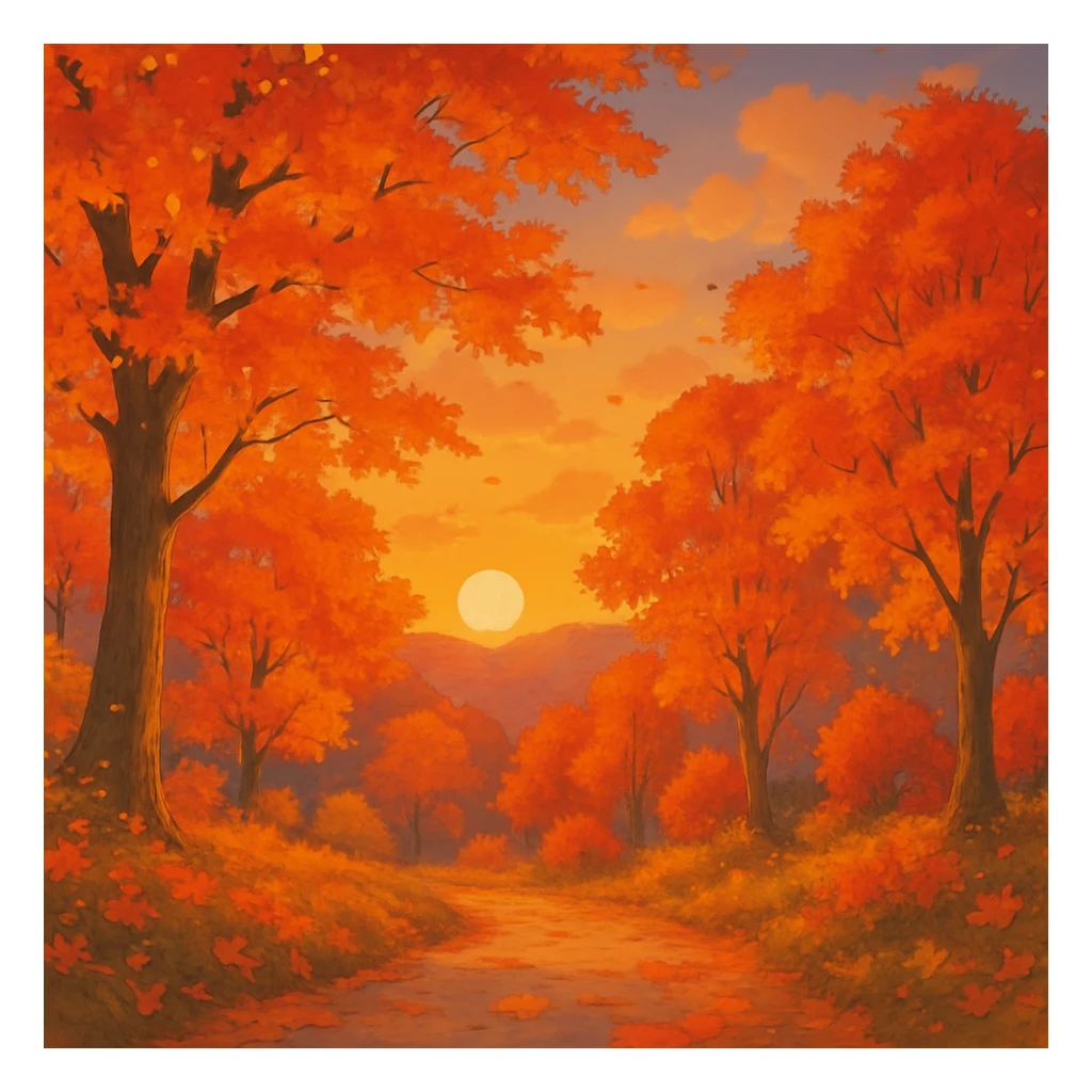 fall season sunset with vibrant autumn colors, colorful leaves, cozy atmosphere in ghibli style sticker