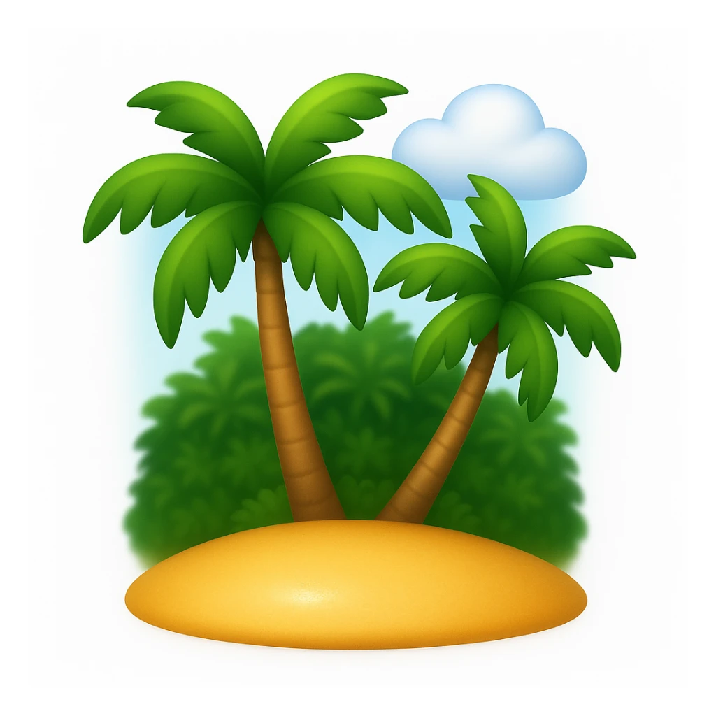 Create a beach emoji that looks exactly like the reference image in classic iOS emoji style. The emoji should have a 3D appearance with shiny, smooth gradients and soft shadows. Include palm trees and sand with the classic emoji look, emphasizing the 3D, shiny, smooth gradient style and soft shadows as seen in iOS emojis. Add a subtle highlight to the sand to enhance its texture and shine. sticker
