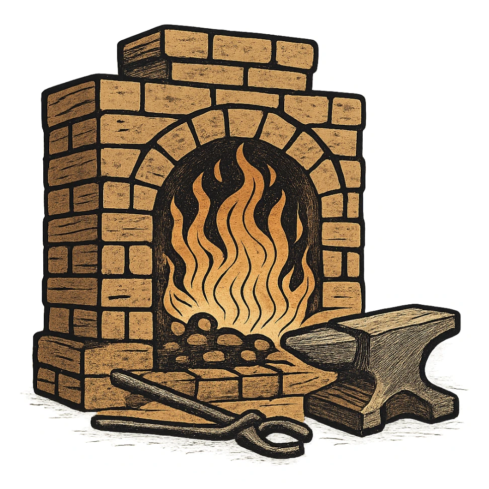 ukiyo-e inspired cartoon illustration of a forge with fire and bricks sticker