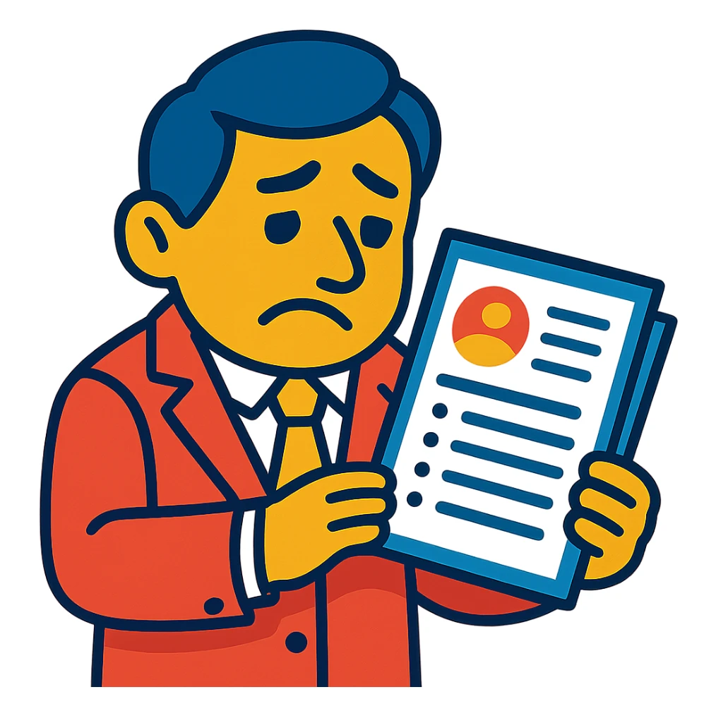 A recruiter holding a resume, looking down at the paper with a sad or disappointed expression, in vibrant toon style, no background. sticker