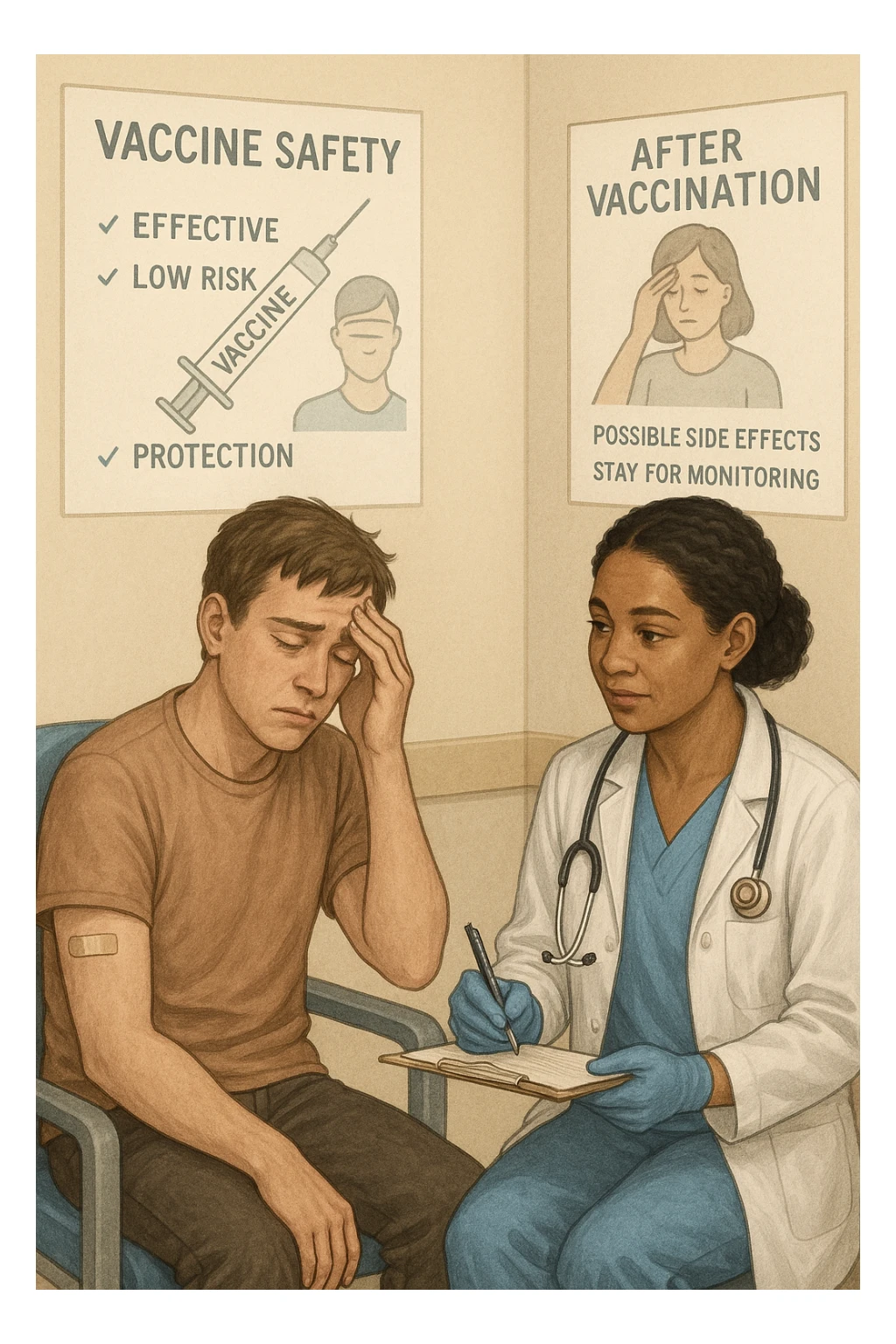 Vertical, educational medical illustration: a healthcare professional observes a patient who appears unwell after receiving a vaccine. The patient sits in a clinic chair, showing mild symptoms such as fatigue or headache, while the professional takes notes and offers reassurance. The background includes educational posters about vaccine safety and monitoring. realistica sticker
