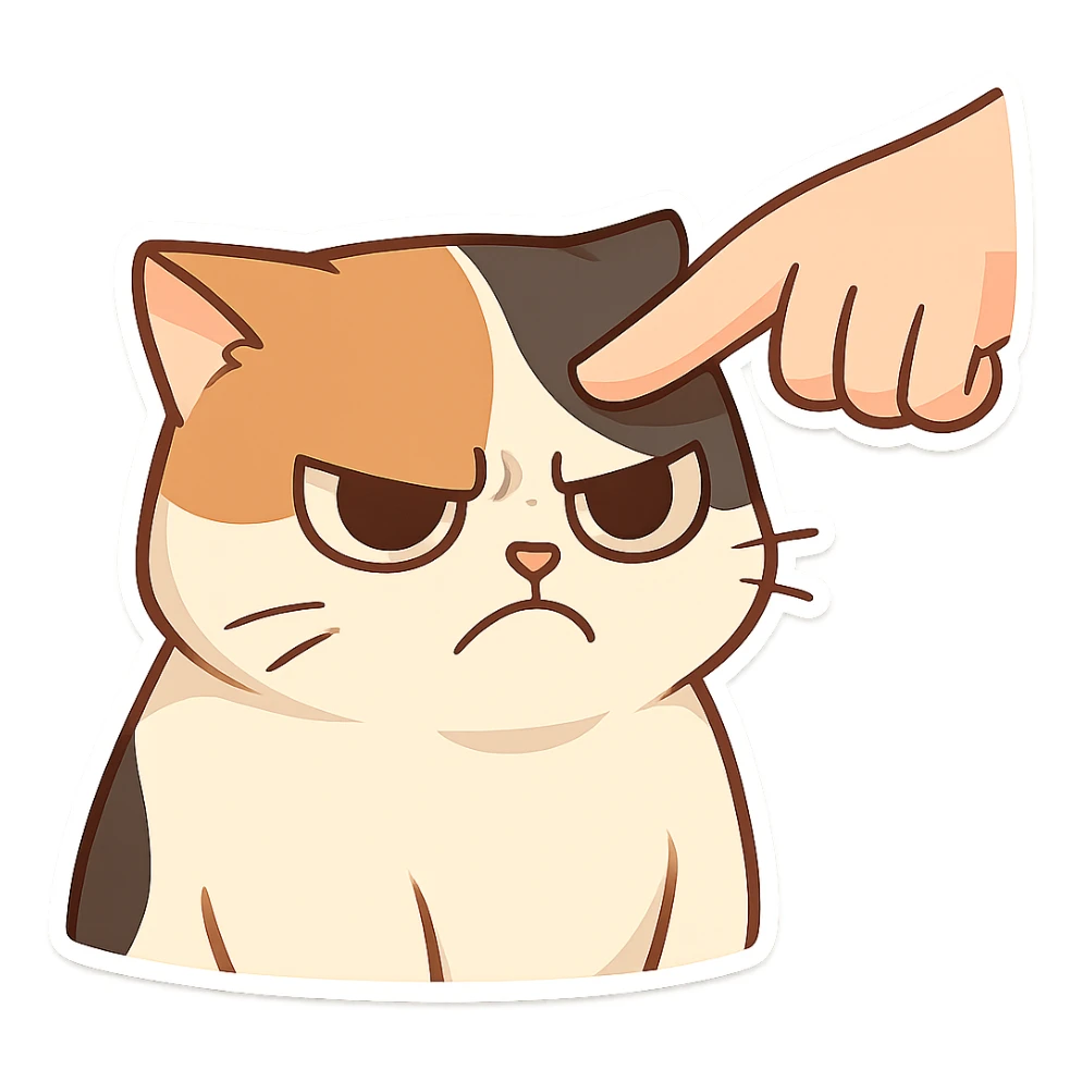 A finger points at the cat's head, and the cat's expression is angry and dissatisfied sticker