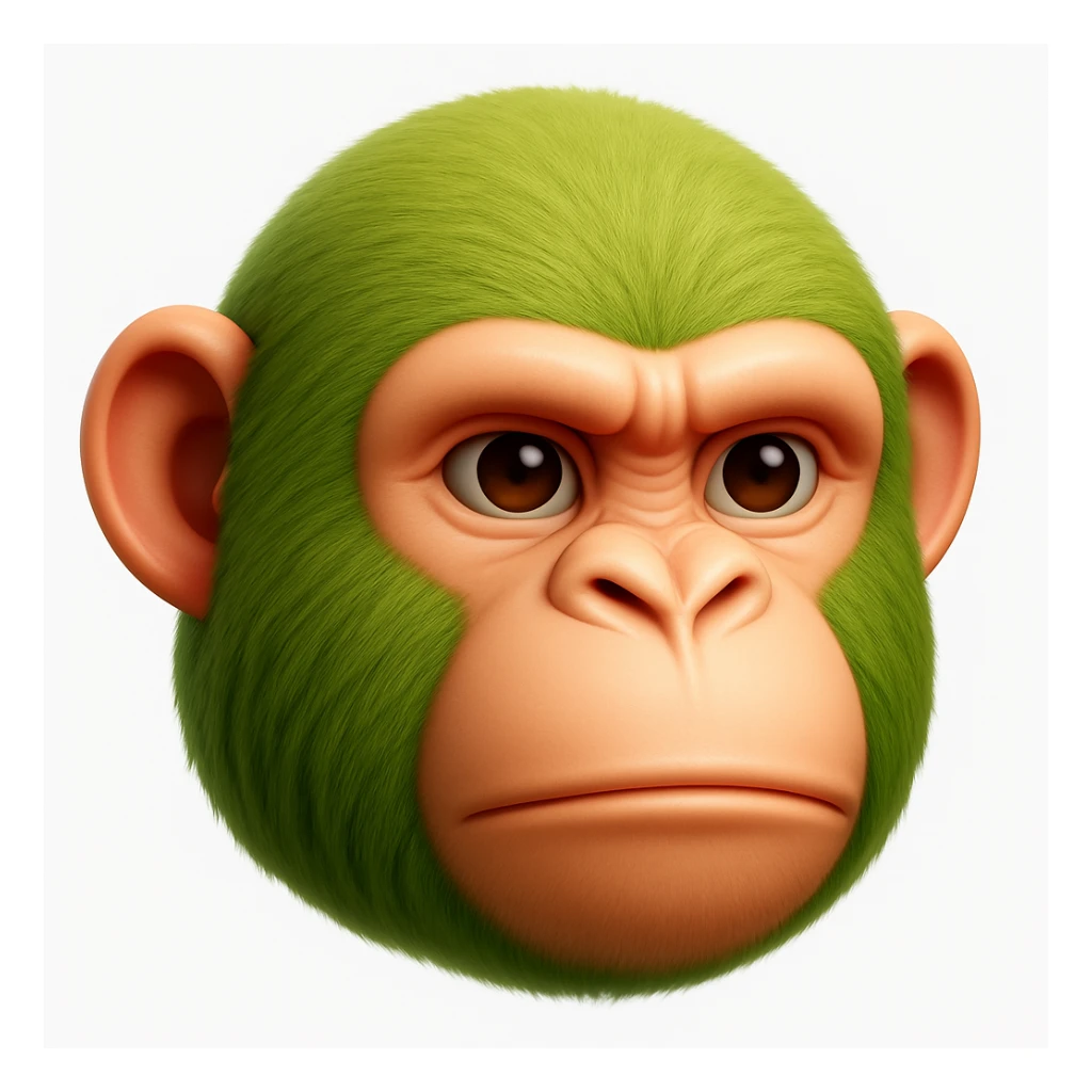Create a chimpanzee emoji that looks exactly like the reference image in iOS emoji style. The emoji should have 3D appearance, shiny surface, smooth gradients, soft shadows, and realistic green fur on the chimpanzee face with a classic emoji look. sticker