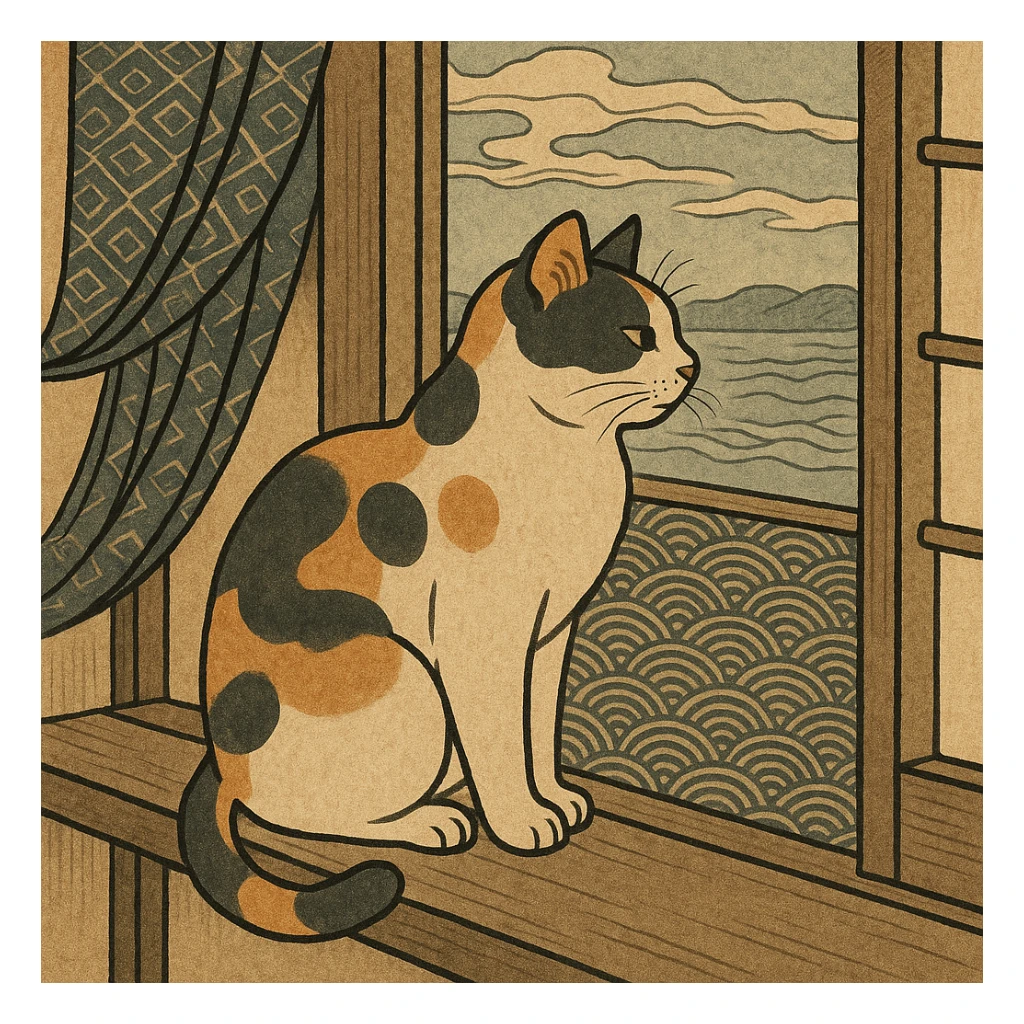 ukiyo-e style illustration of a cat sitting on a windowsill sticker