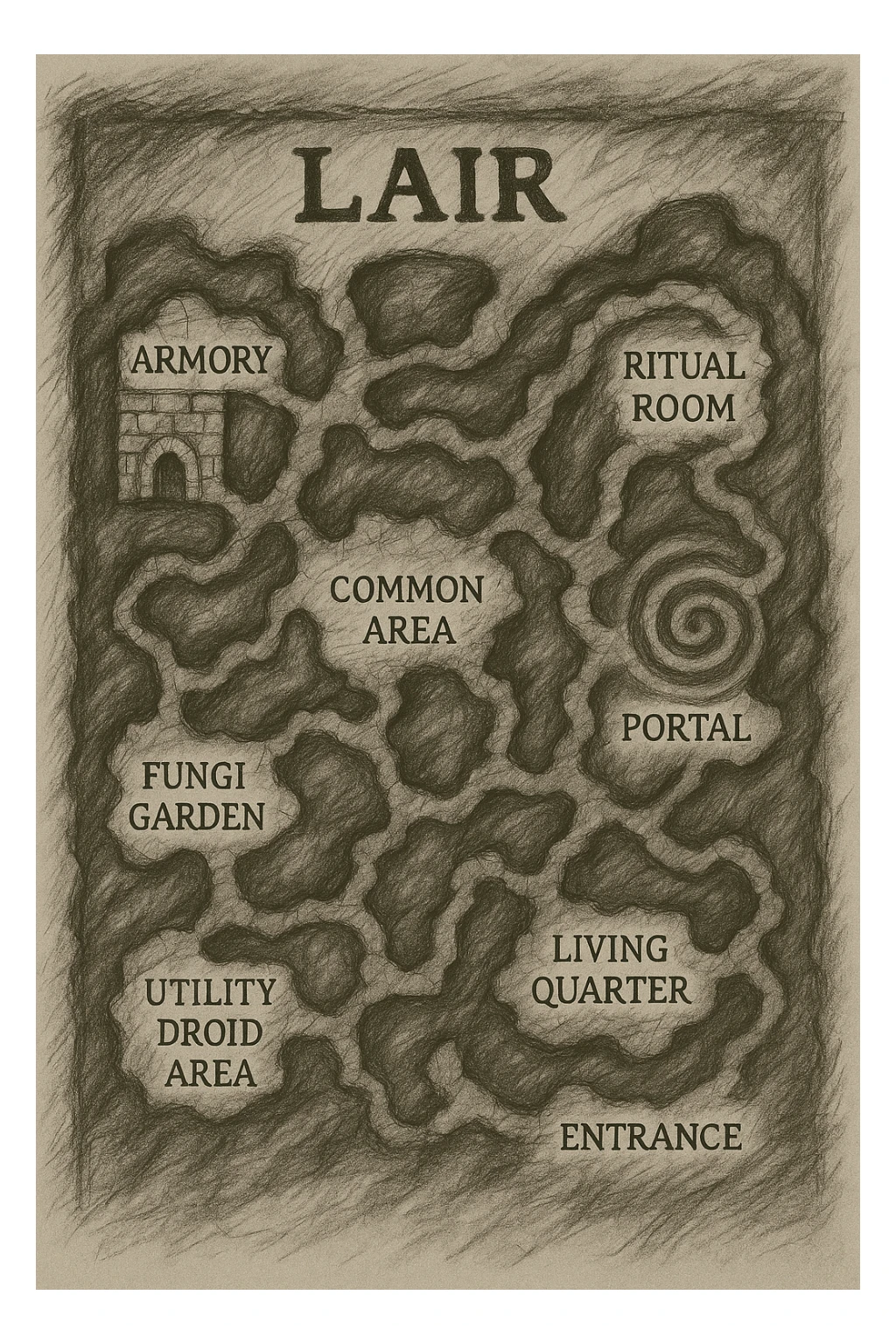 a hand drawn map of how to navigate the Oblieth cave system to find the PCU Lair sticker
