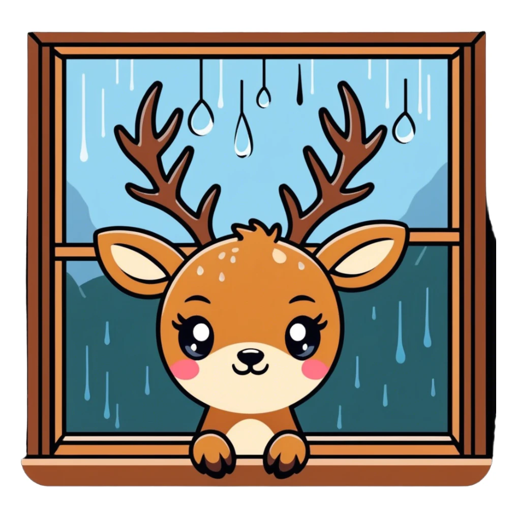The deer looks sadly out the window in the rain. sticker