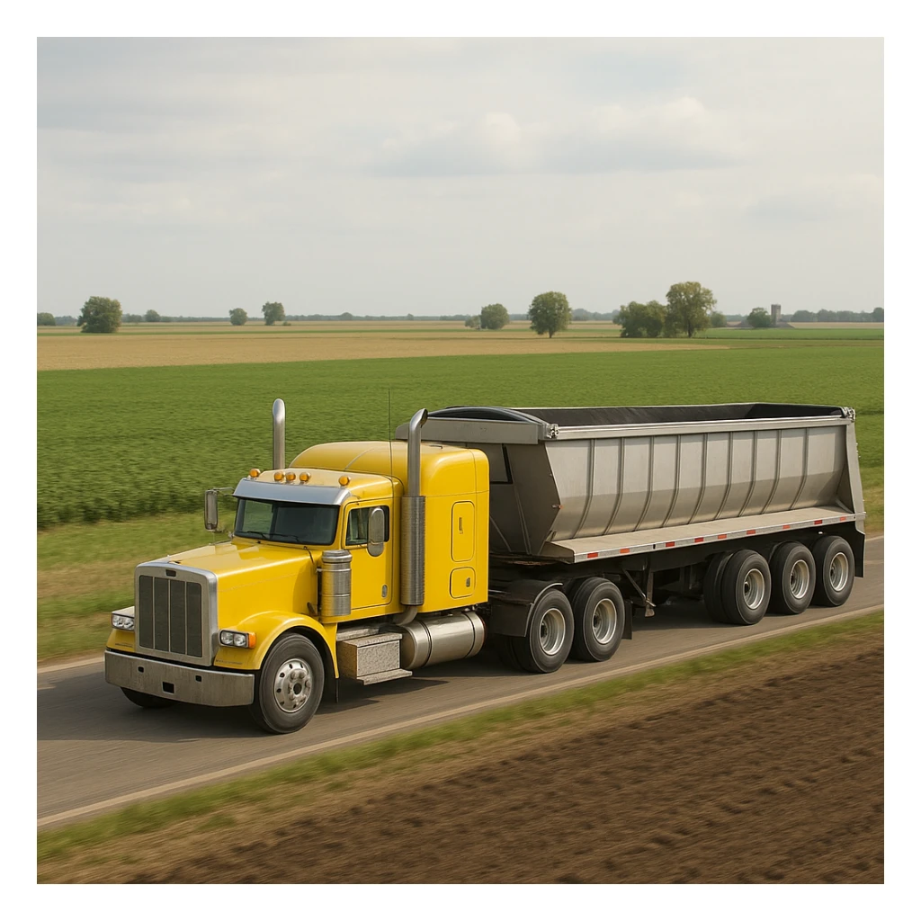 realistic yellow sleeper semi truck with a large end dump trailer driving through farmland sticker