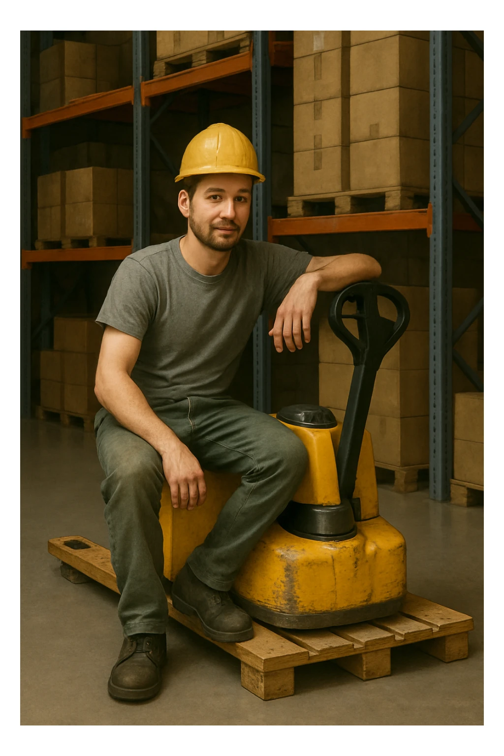 Make the pallet truck yellow, keep the same style and subject, realistic illustration style. sticker