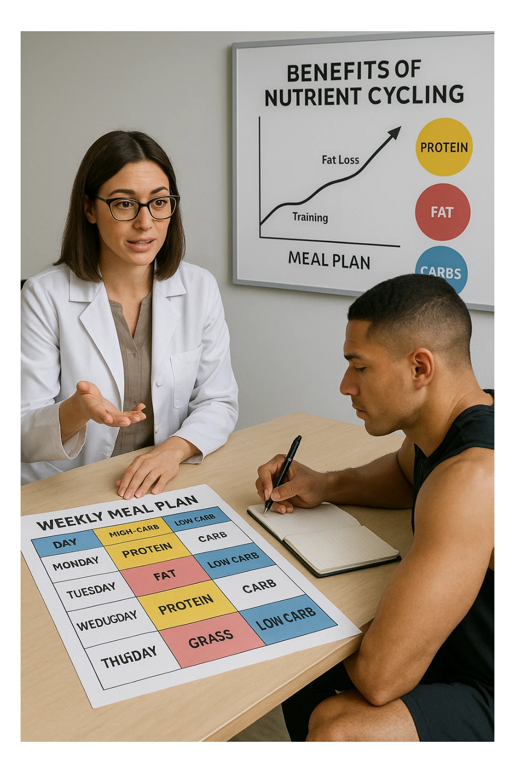 a nutritionist explains to an athlete how to cycle macronutrients for fat loss and training. On the desk, a weekly meal planner shows alternating high-carb and low-carb days, with color-coded sections for proteine, grassi, and carbo. The athlete takes notes, and a chart in the background illustrates the benefits of nutrient cycling. The mood is professional and educational. scritto in italiano sticker