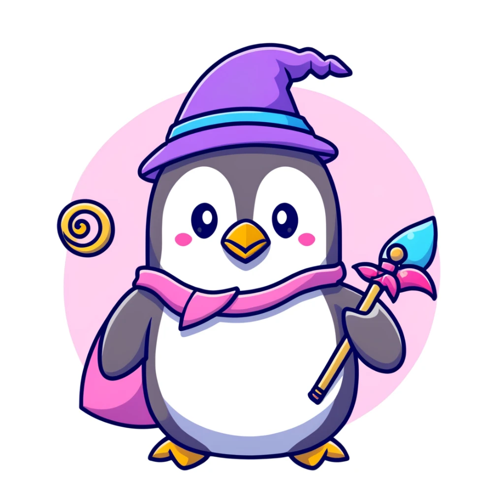 penguin wizard with a staff and hat, surrounded by a small dragon, fairy, and unicorn, colorful fantasy landscape with gothic castle sticker