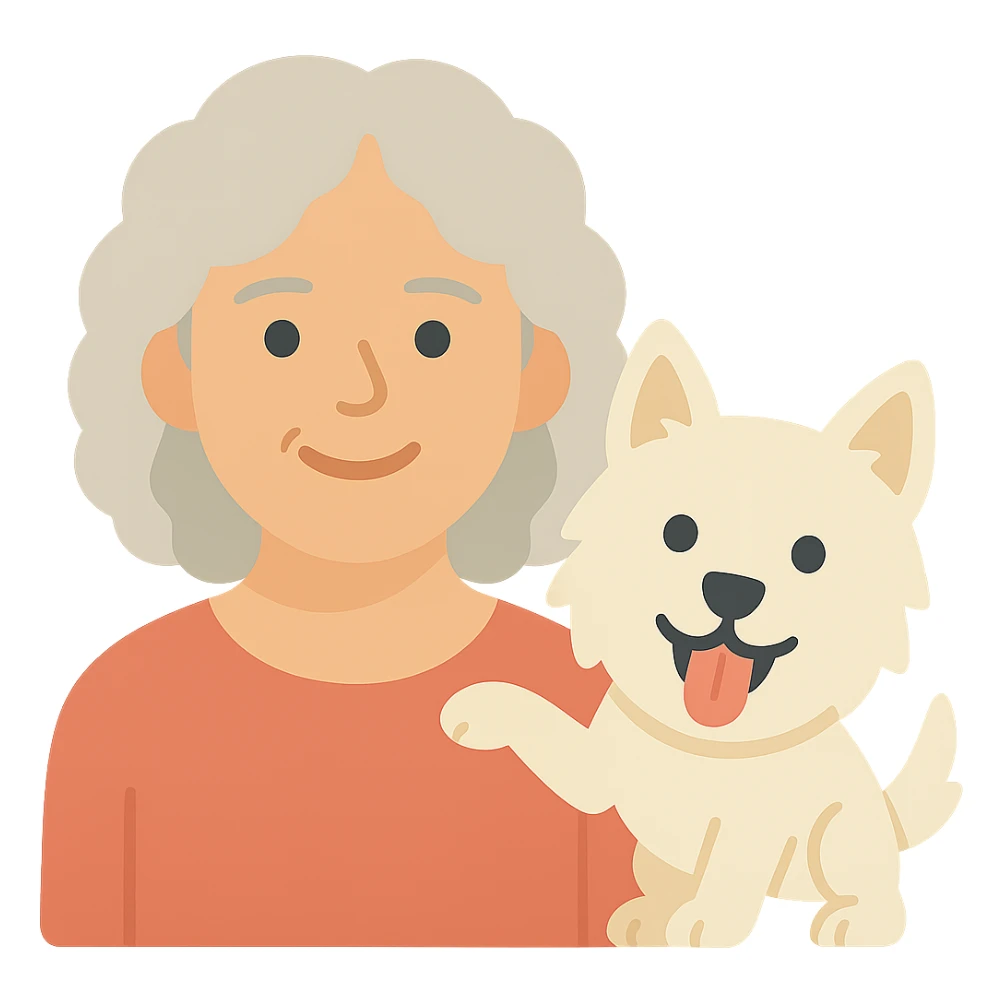 Make the Westie dog playful, with an energetic pose or playful expression, keep the 50-year-old lady with silver curly hair smiling sticker