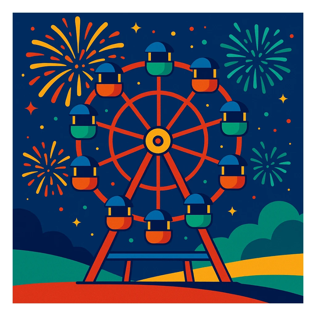 ferris wheel with fireworks, vibrant and festive sticker