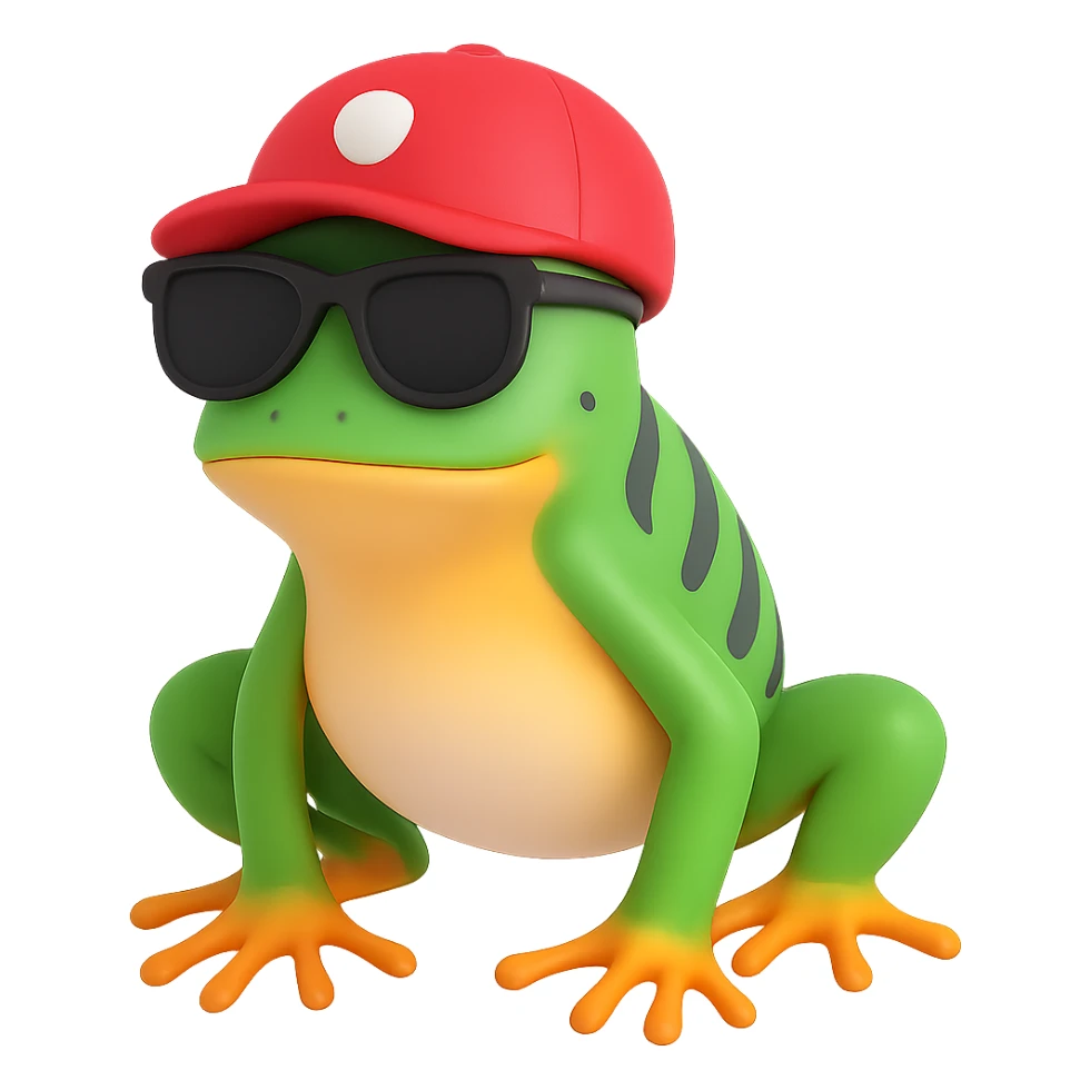 Tiny tropic frog wearing a baseball cap and sunglasses, 3d emoji style sticker