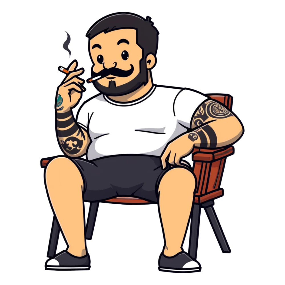 Heavy-set man leaning back in chair with legs spread, smoking cigarette, exposed belly, round face, short black hair, beard with mustache, black t-shirt with light stripes on top portion, sleeves rolled up, black shorts, arms decorated with distinct black graphic tattoo patterns sticker