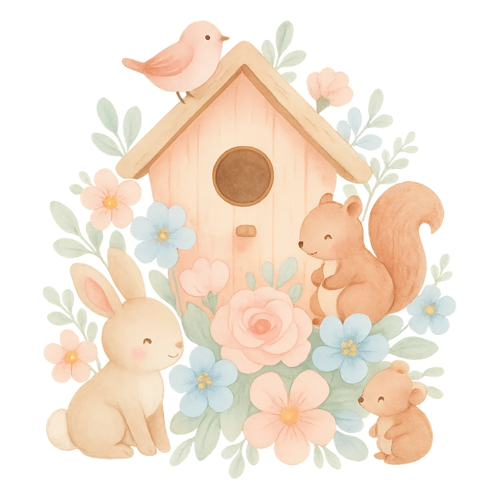 birdhouse with flowers and forest creatures including bunnies, birds, squirrels, cozy pastel design, soft pastel colors, transparent background sticker