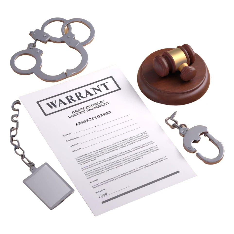 realistic 3D icon of an arrest warrant document with 'WARRANT' in large letters at the top, body text, signature and official stamp at the bottom, next to a brown wooden gavel and metal handcuffs, bright lighting, isolated sticker