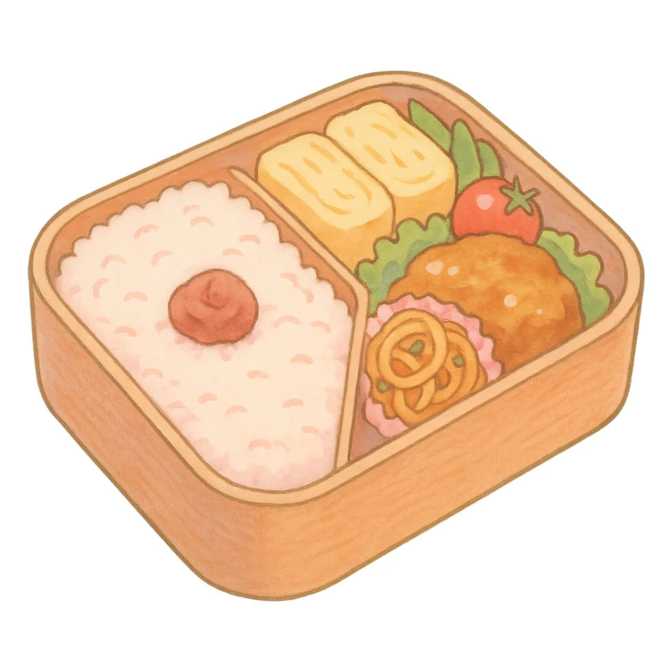 Japanese style bento box, soft pastel kawaii hand-drawn style, full object sticker