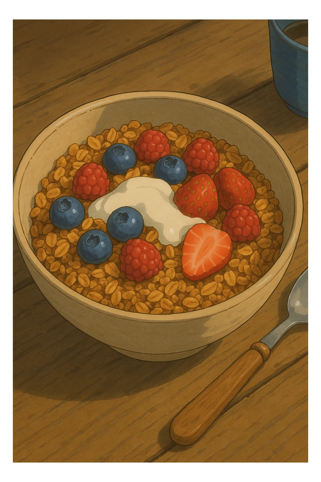 bowl of granola with berries and yogurt sticker
