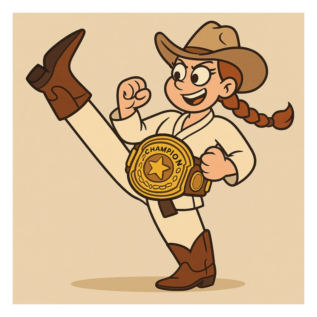 Add a large, shiny championship belt around her waist, making it prominent and detailed, in the same flat toon style. sticker