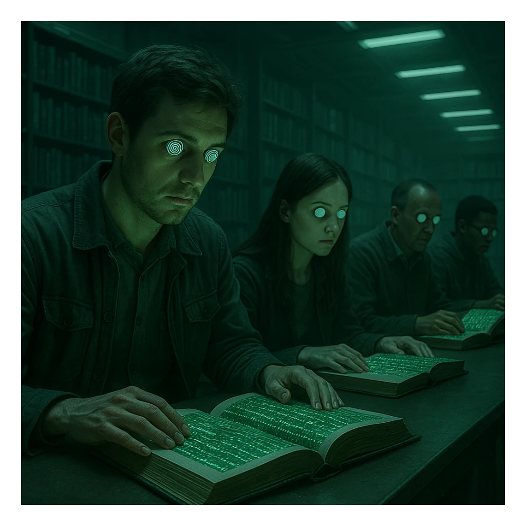people sitting in a futuristic library with hypnotized eyes and absent gaze, studying books with digital covers and Matrix symbols, surreal atmosphere, green and cold lights, realistic details, 4K quality sticker