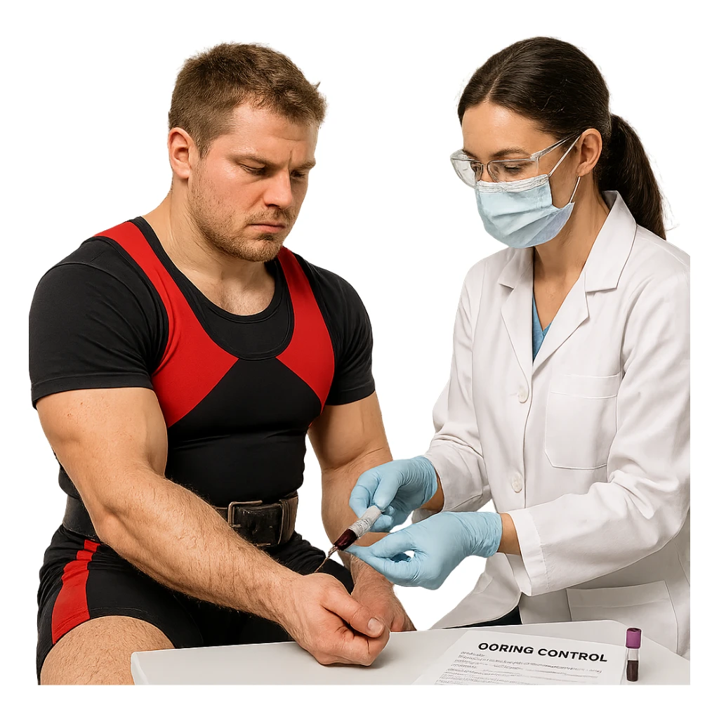 European powerlifter in competition clothing, undergoing blood sampling for anti-doping test, medical staff present, realistic atmosphere, isolated on white background sticker