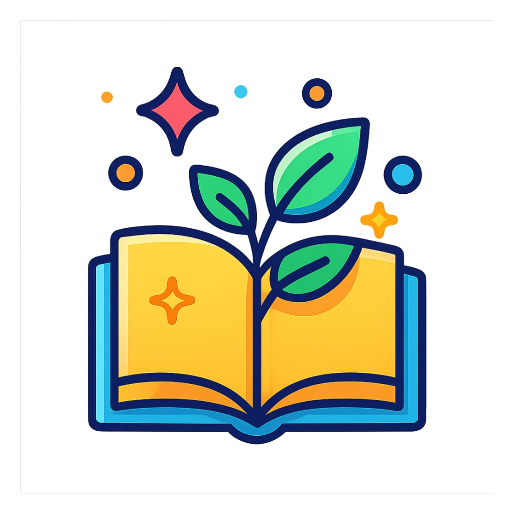 open book with leaves, magical atmosphere, glowing, magical elements, shadows and highlights, colorful outlines, magical atmosphere sticker