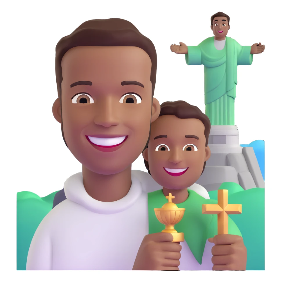 smiling black man with big teeth, standard male haircut, oval face, with Christ the Redeemer statue in the background, Rio de Janeiro, no glasses sticker