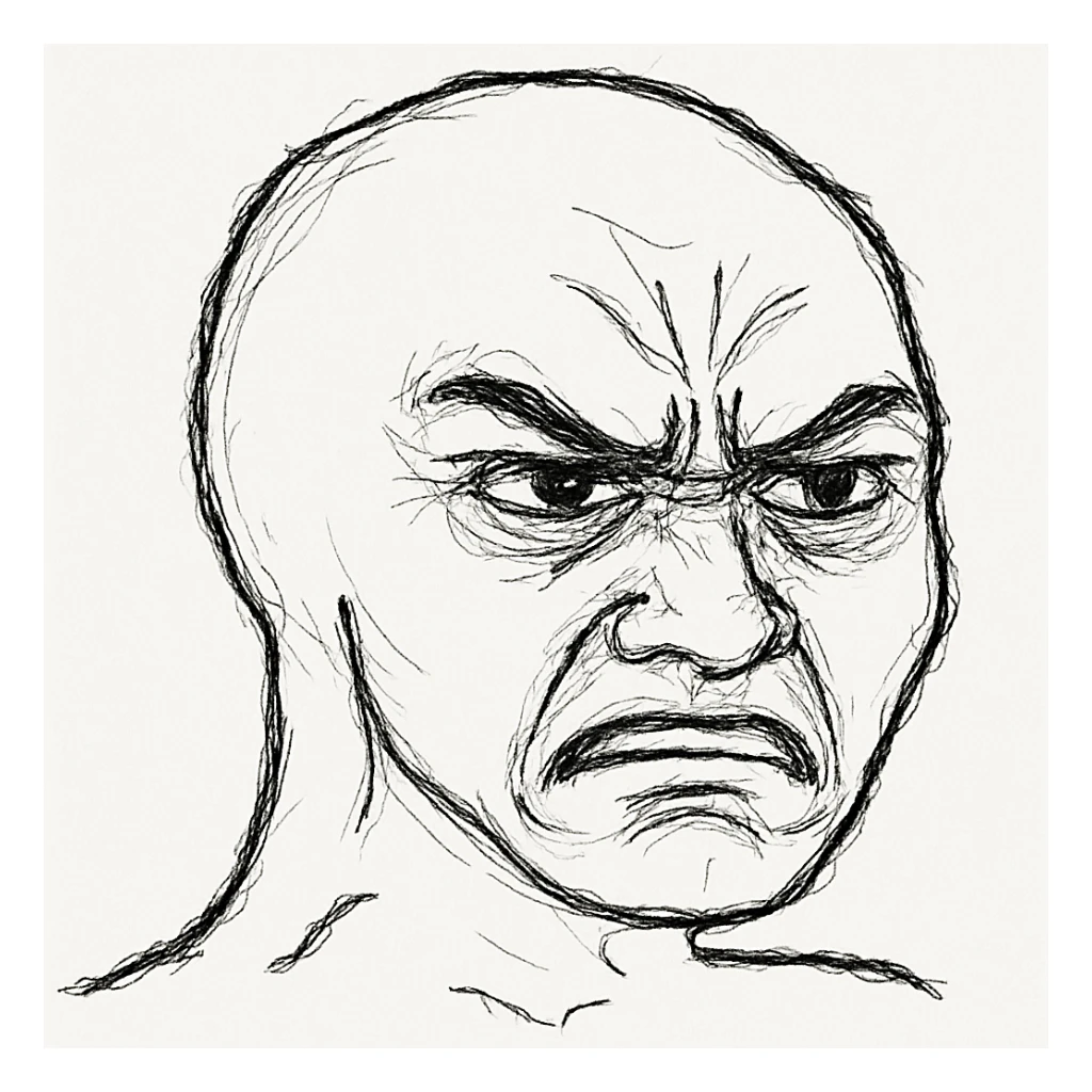 Wojak meme face, angry expression, furrowed brows, simple line art sticker