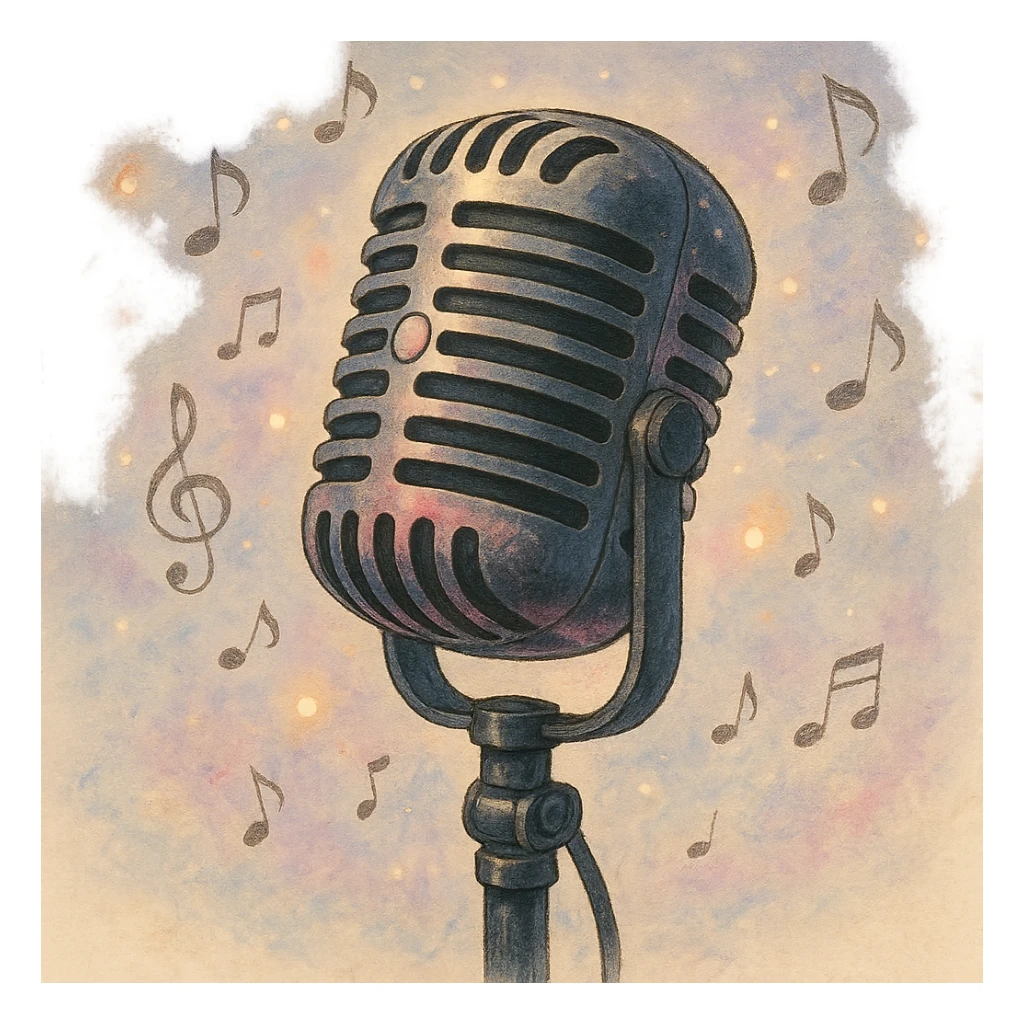 microphone with black and pink accents, dreamy lighting, whimsical and musical sticker