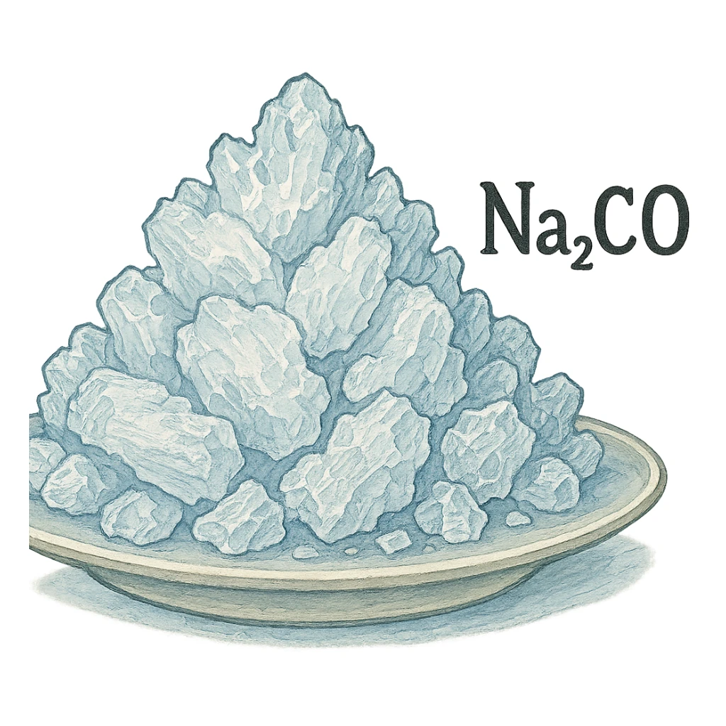 Изобрази кристаллы Na2CO3 на тарелочке, объемные, слегка рисованные, но при этом фотореалистичные, прозрачный фон sticker