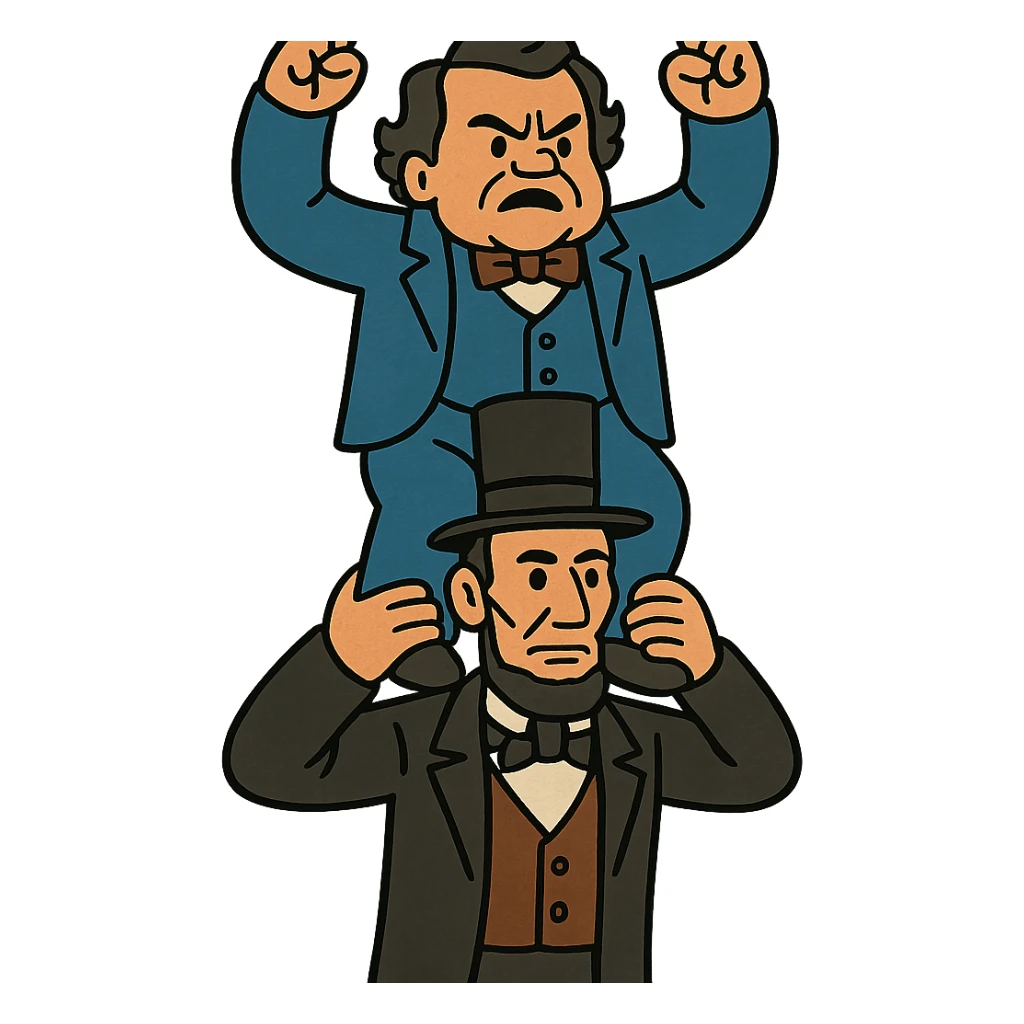 Stephen Douglas standing on Abraham Lincoln's shoulders, historical cartoon style sticker