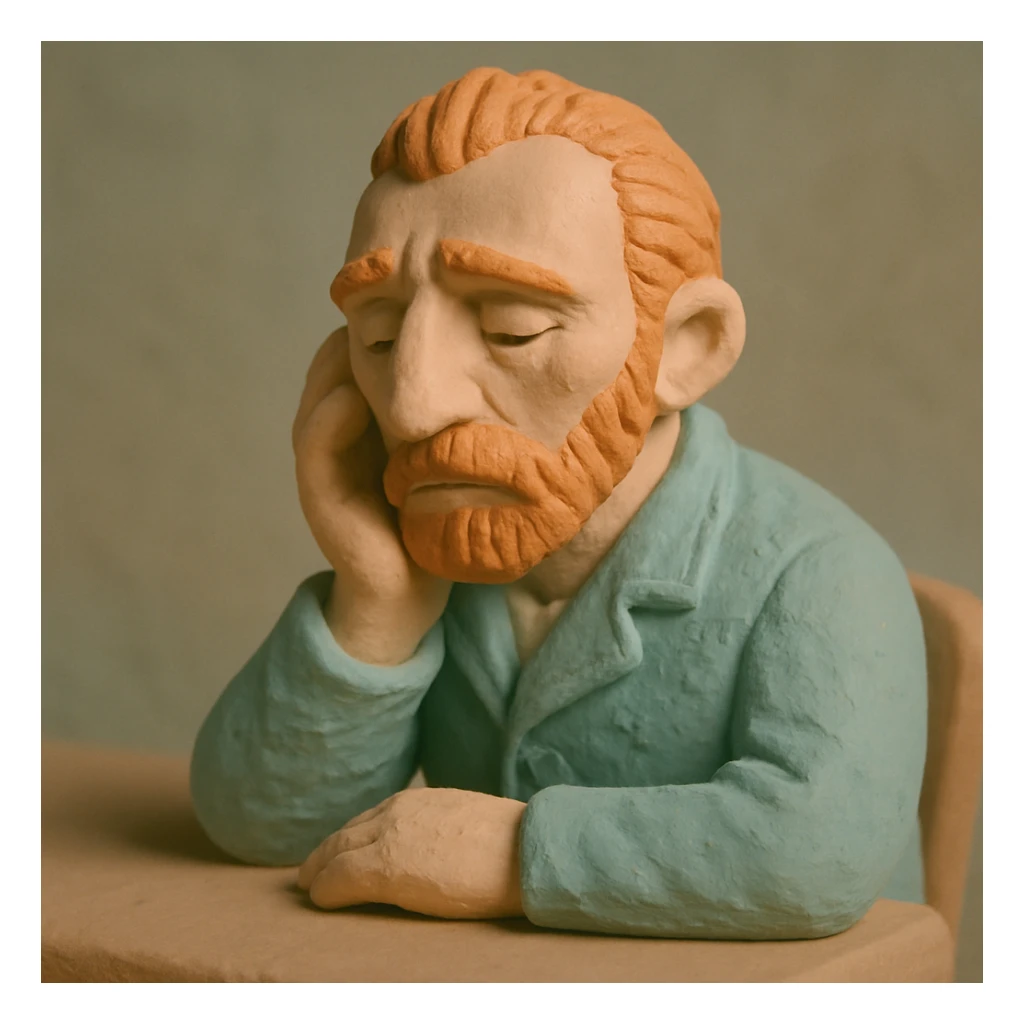 Van Gogh sitting and thinking, claymation style, soft shapes, pastel colors sticker