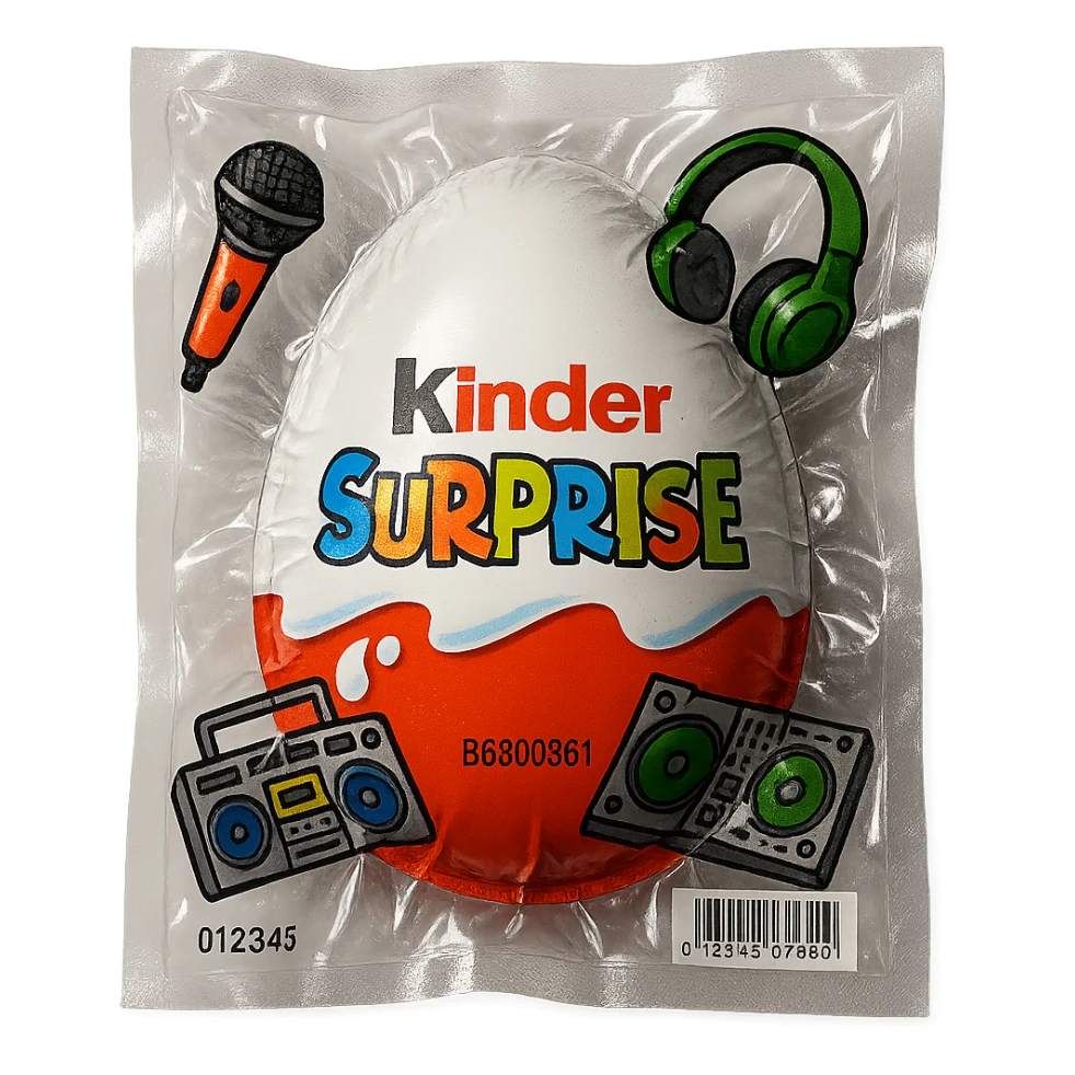 Kinder Surprise egg with standard packaging, toys including microphone, boombox, headphones, DJ setup, glossy and puffy vacuum-sealed style sticker