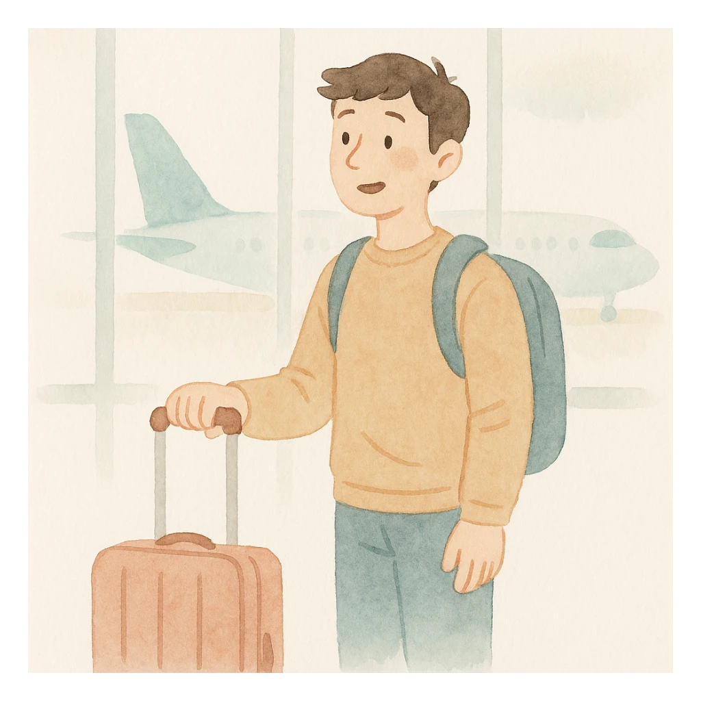 soft watercolor illustration in a minimalist modern style, a guy experiencing his first time taking a flight, excited and slightly nervous expression, at the airport with his luggage, pastel colors, delicate linework, gentle whimsical mood, minimal soft shading sticker