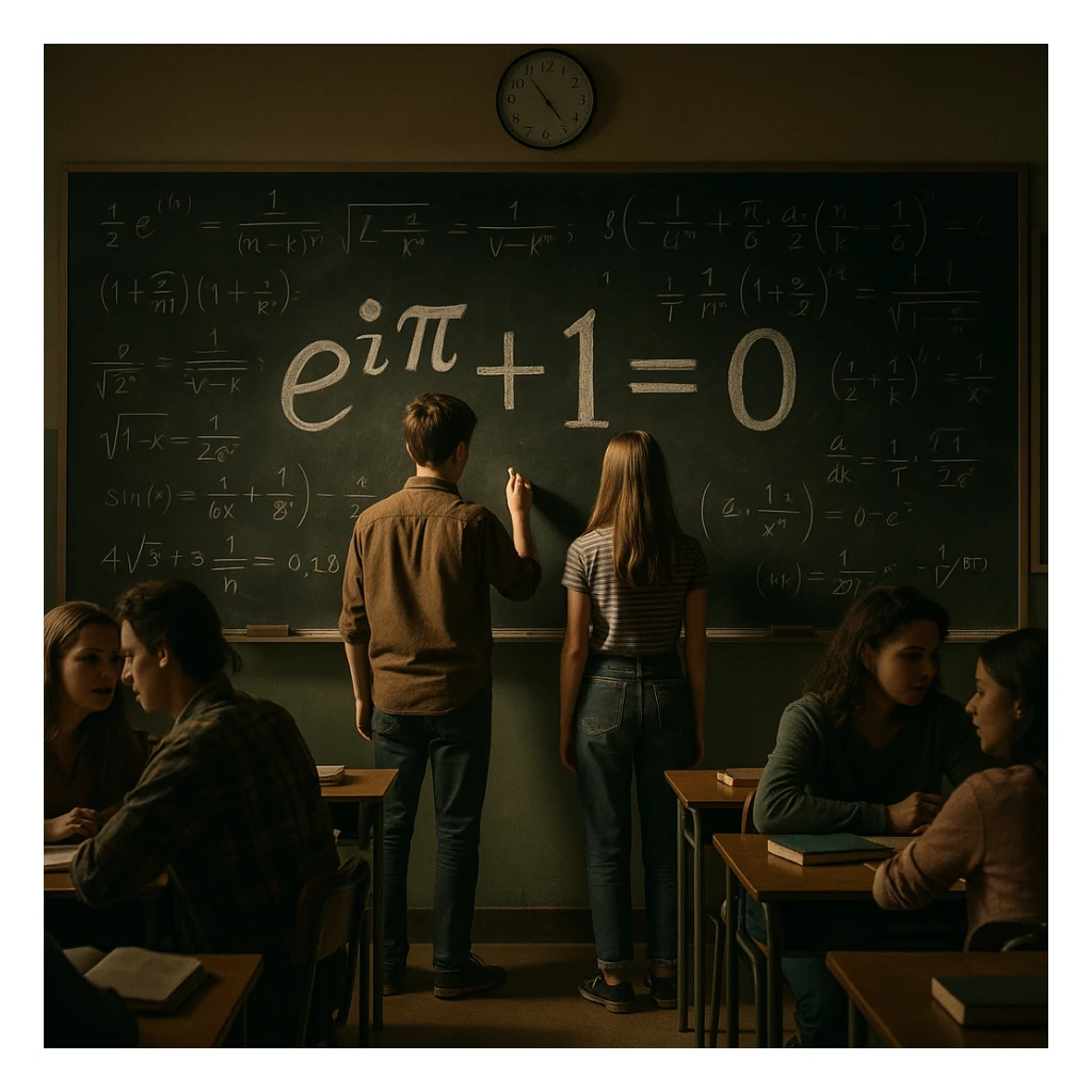A group in a classroom with a giant unsolved equation on the board. Most students are distracted or chatting, two step forward to solve it. Lighting on the two, others in muted tones. Conceptual, symbolic, cinematic, hyperrealistic 4K. sticker