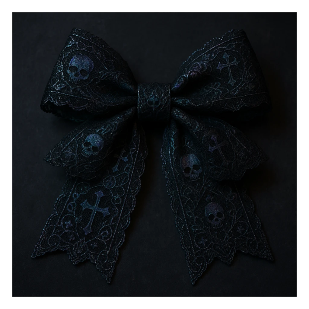 gothic style bow, black lace, dark elegant, subtle skull or cross motif, moody atmosphere, holographic effect sticker