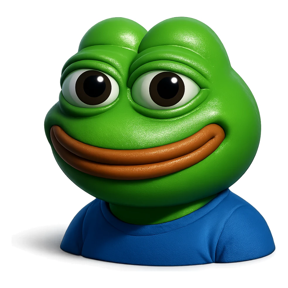 make a pepe in bright green smiling and looking straight at the camera in 3d style, good highlights and shadows, drop shadows sticker