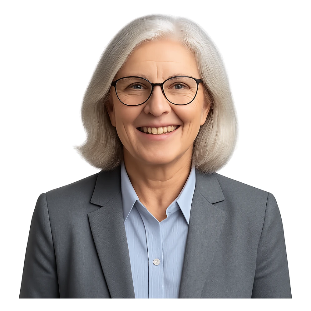 72-year-old professional woman, bright expression, wearing glasses, neat shirt and jacket sticker
