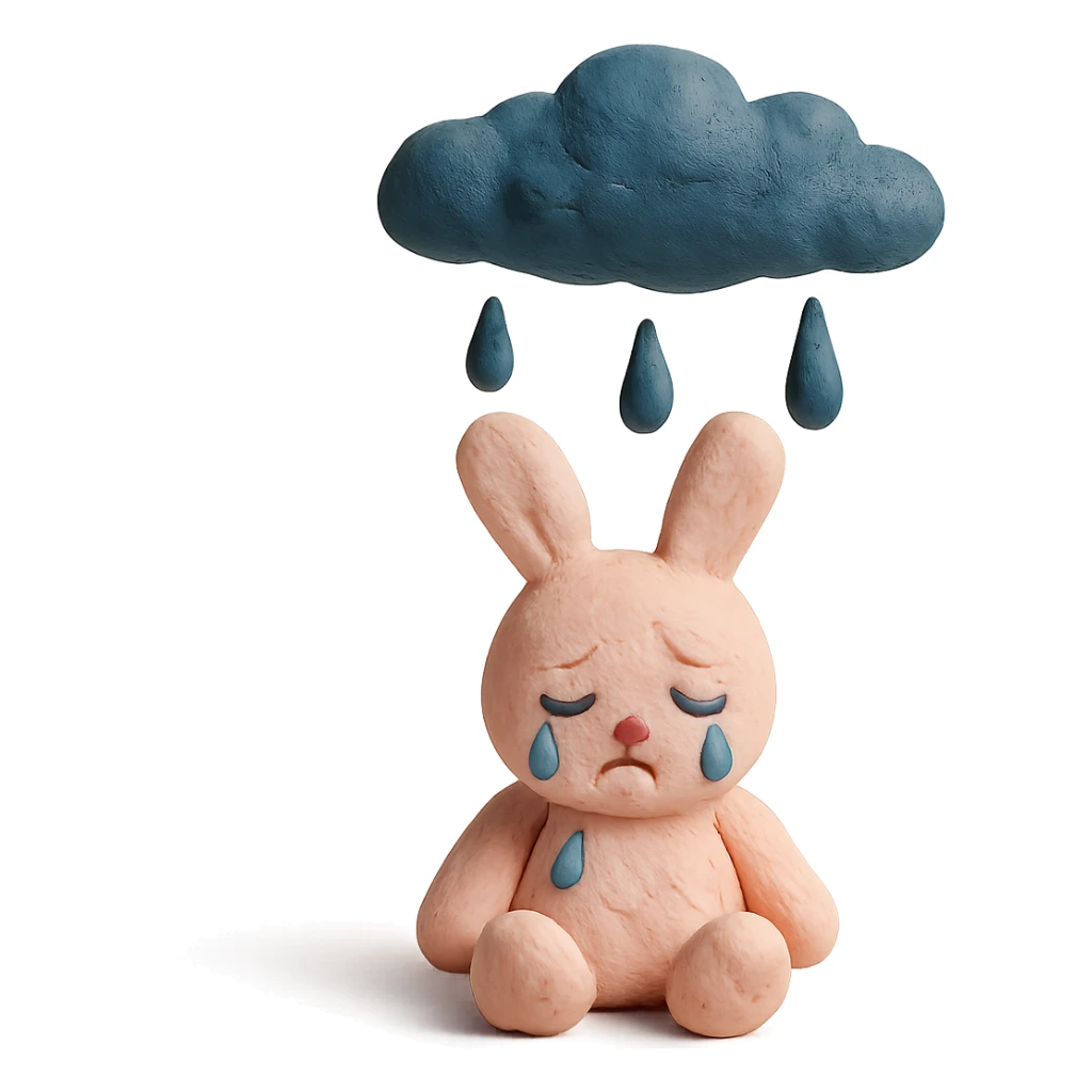 marshmallow bunny sitting with tears under a raincloud, claymation style sticker