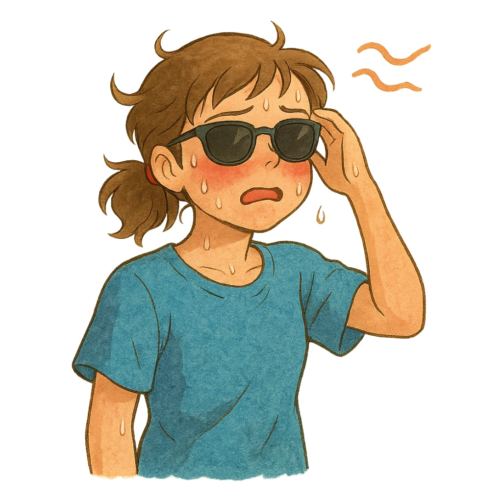 ghibli style character with sunglasses, flushed cheeks, feeling hot sticker