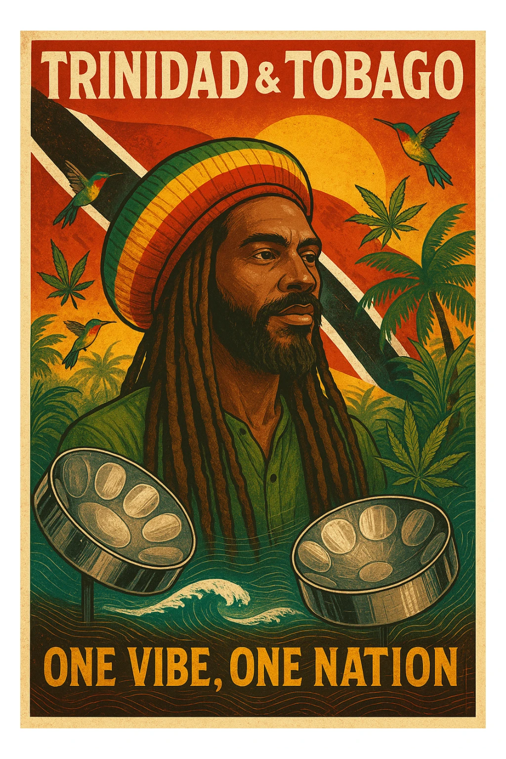 Create a vibrant digital illustration in vintage poster style featuring a proud Trinidadian Rasta man with long dreadlocks and a bold red, gold, and green tam. The background should incorporate the Trinidad and Tobago flag in a stylized, textured way — using deep red, black, and white tones that blend with tropical elements. Surround the figure with iconic cultural symbols like steelpan drums, ganja leaves, and hummingbirds in flight. Add warm Caribbean sunlight, ocean waves, and lush greenery to enhance the island energy. The Rasta man should radiate peace, power, and island wisdom — with bold facial features, calm expression, and a sense of spiritual presence. The overall tone should be rootsy, regal, and rich with island soul — merging reggae culture with Trinidadian pride. Optional accents: subtle soca rhythm lines in the background or a quote like “One Vibe, One Nation.” sticker