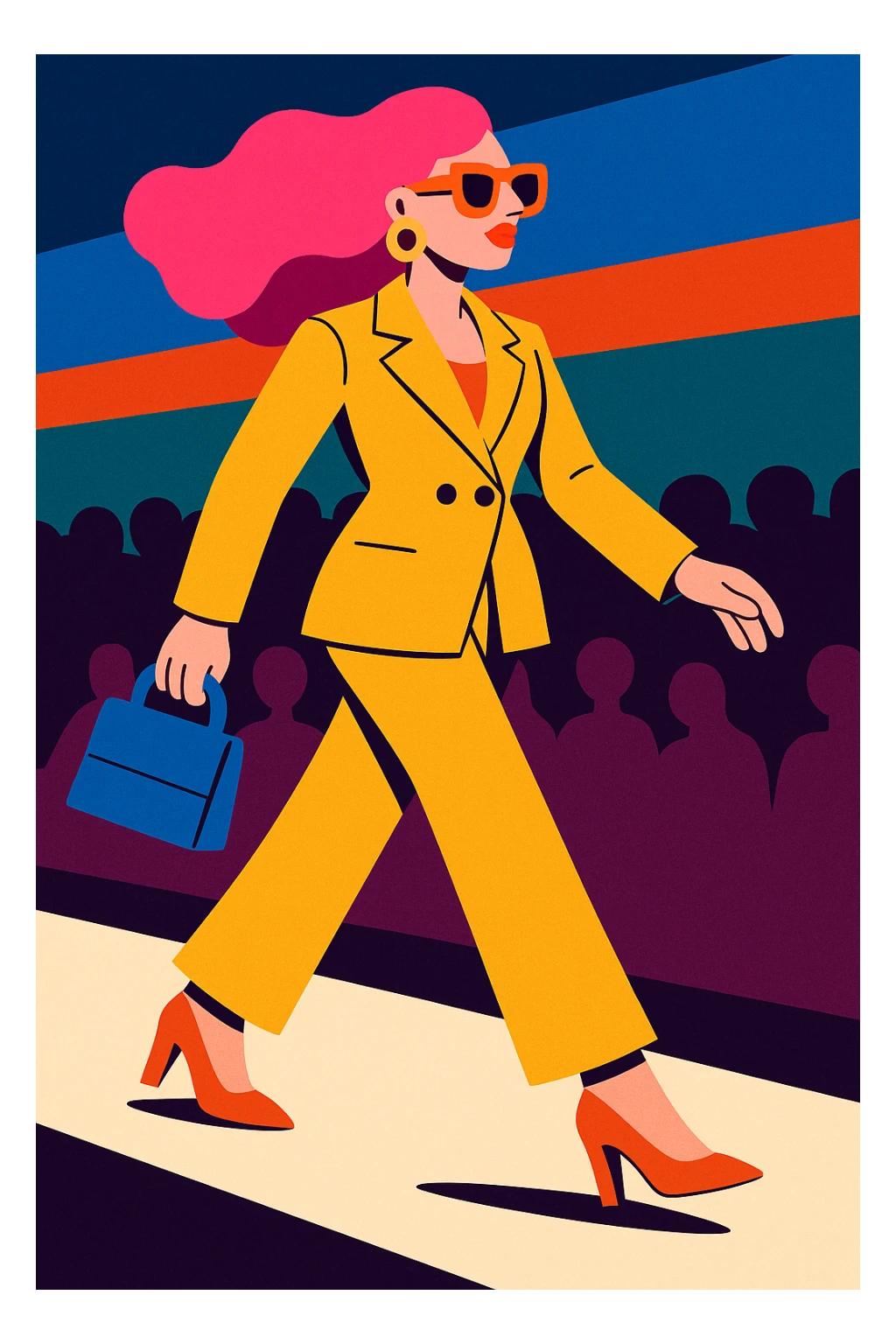 fashionable woman in motion, walking on a catwalk, horizontal scene, stylish outfit, animated style sticker