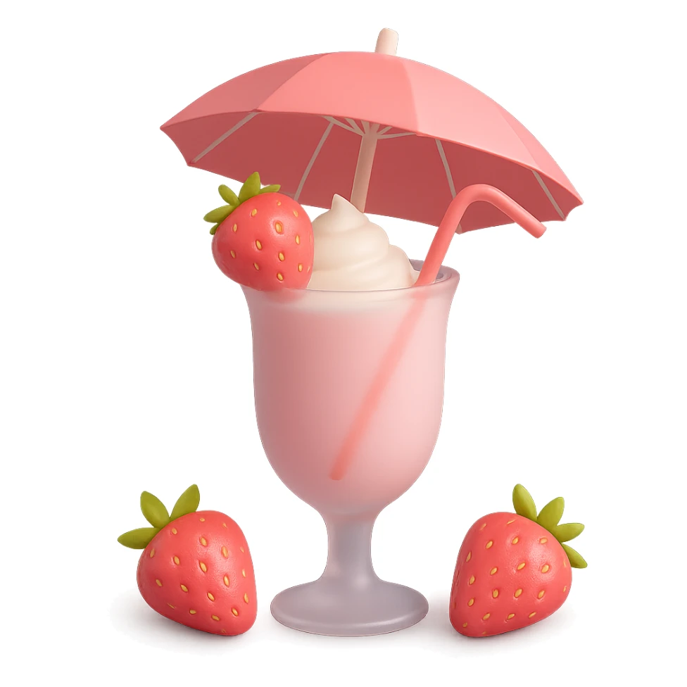 Make the 3D strawberry milkshake pastel colored with soft pinks and light tones. Keep the glass with umbrella, tropical vibe, and cherry on top. Remove the background. sticker