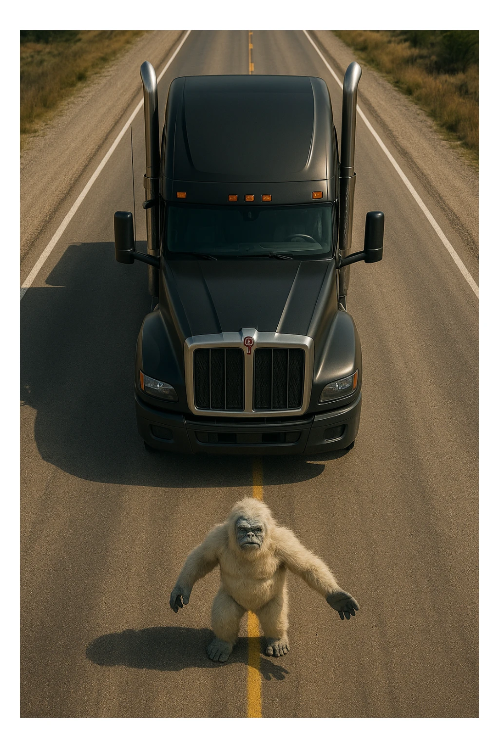 Make the scene more realistic: a tiny abominable snowman on a long road in front of a black 2026 Kenworth W680 flat top semi sleeper, top-down view, realistic style, no text. sticker