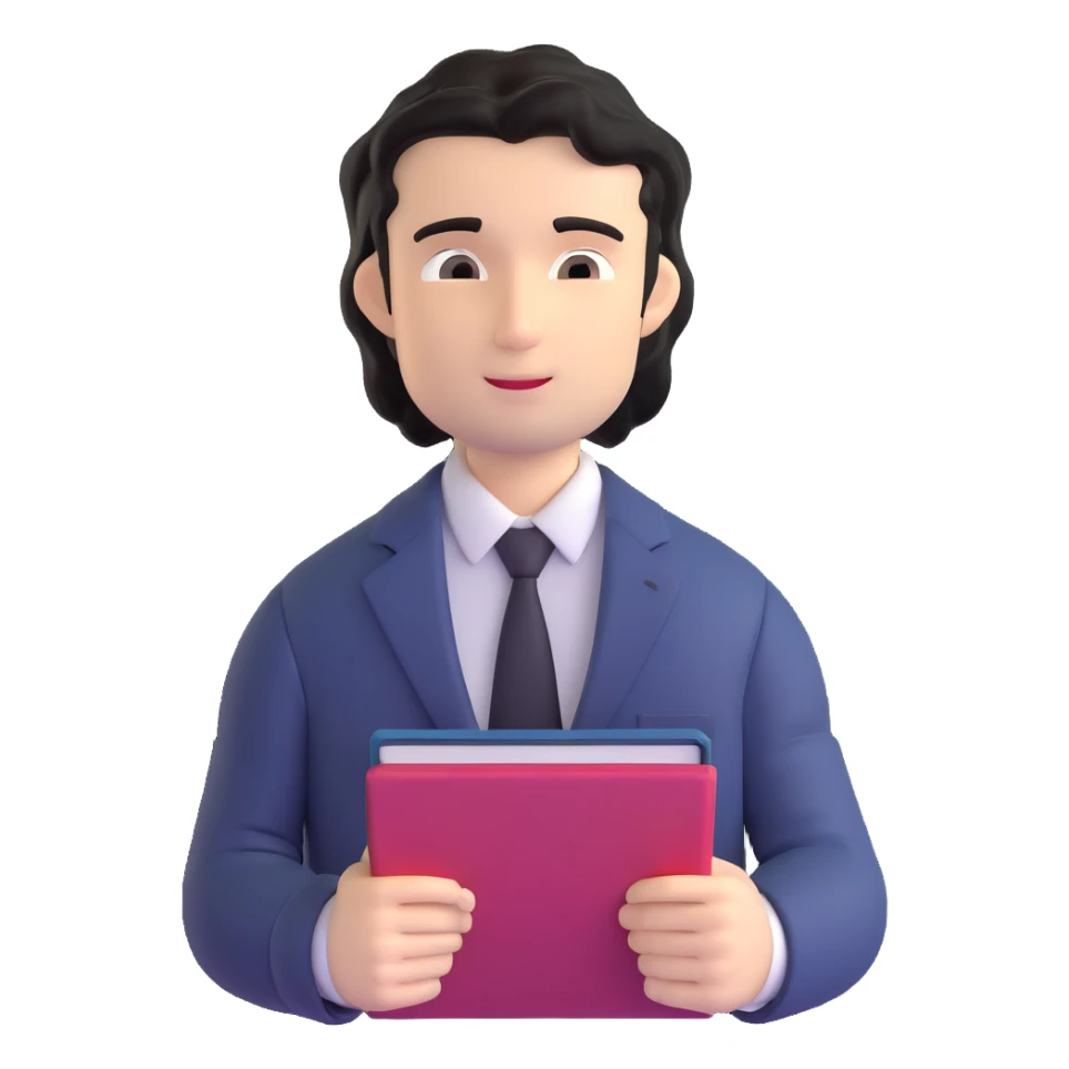 Professional 35-year-old man with black wavy hair, stubble, strong jawline, white skin tone, wearing smart casual business attire, holding a business book, with a confident approachable expression sticker