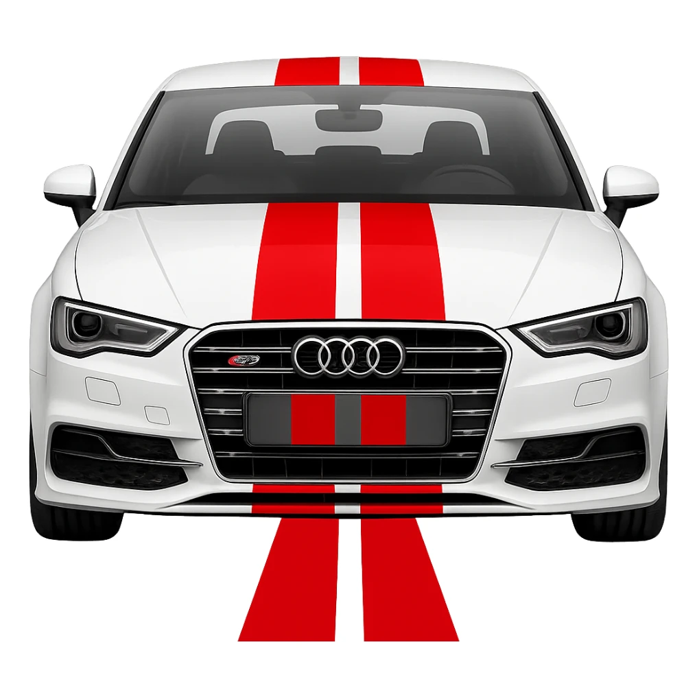 Add bold racing stripes to the white Audi S3 8V. Keep the background transparent. Maintain the car's original style and details. sticker
